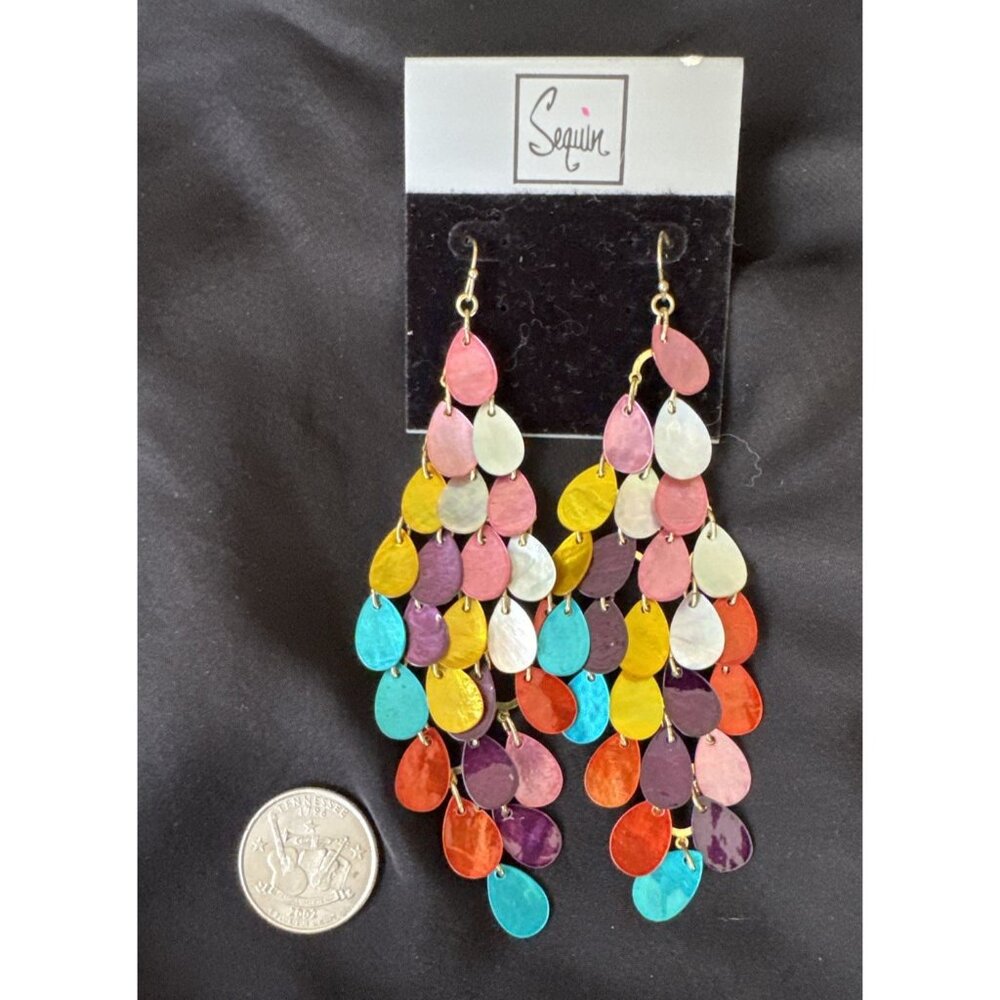 Sequin NYC Earrings Multicolor Sequins Dangle Bohemian 5" Party NEW $48